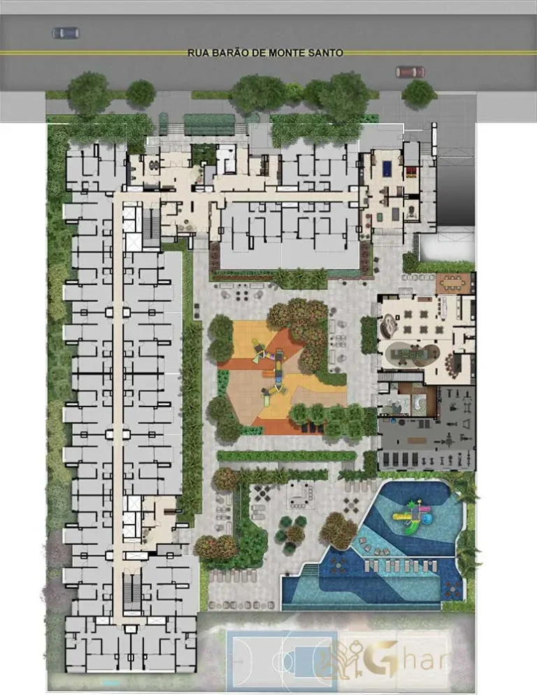 Planta de implantação do térreo do condomínio Torino Mooca Città em São Paulo