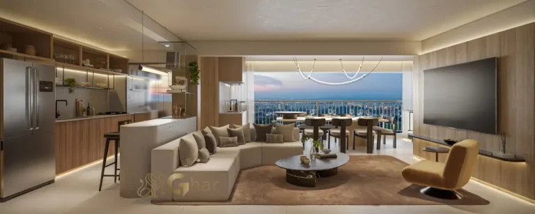 Living do apartamento decorado de 120 m² no Vértice Butantã Residences