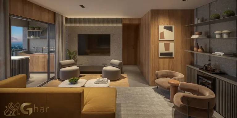 Living do apartamento decorado de 69 m² no Vértice Butantã Residences