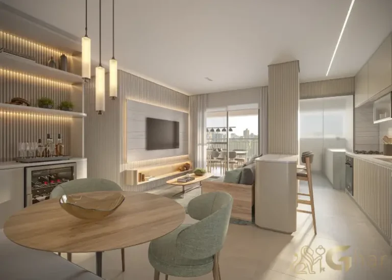 Living do apartamento decorado de 79 m² no Vértice Butantã Residences