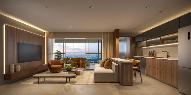 Living do apartamento decorado de 89 m² no Vértice Butantã Residences