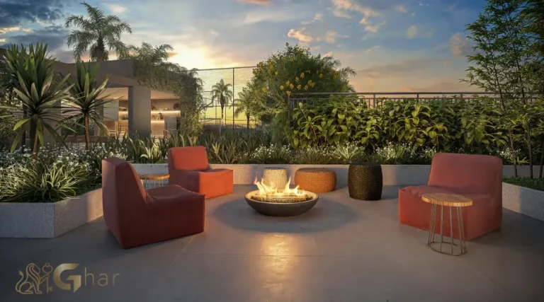 Lounge com lareira do Vértice Butantã Residences by Diálogo