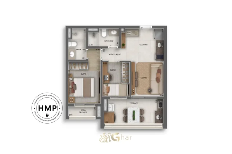 Planta do apartamento de 2 dormitórios com 1 suíte e 53 m² no Vértice Butantã Residences