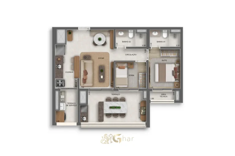 Planta do apartamento de 2 dormitórios com 1 suíte e 68 m² no Vértice Butantã Residences