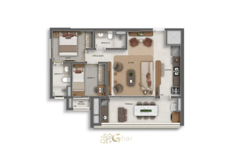Planta do apartamento de 2 dormitórios com 1 suíte e 69 m² no Vértice Butantã Residences