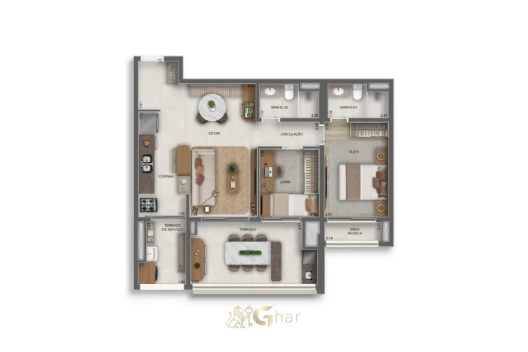 Planta do apartamento de 2 dormitórios com 1 suíte e 79 m² no Vértice Butantã Residences