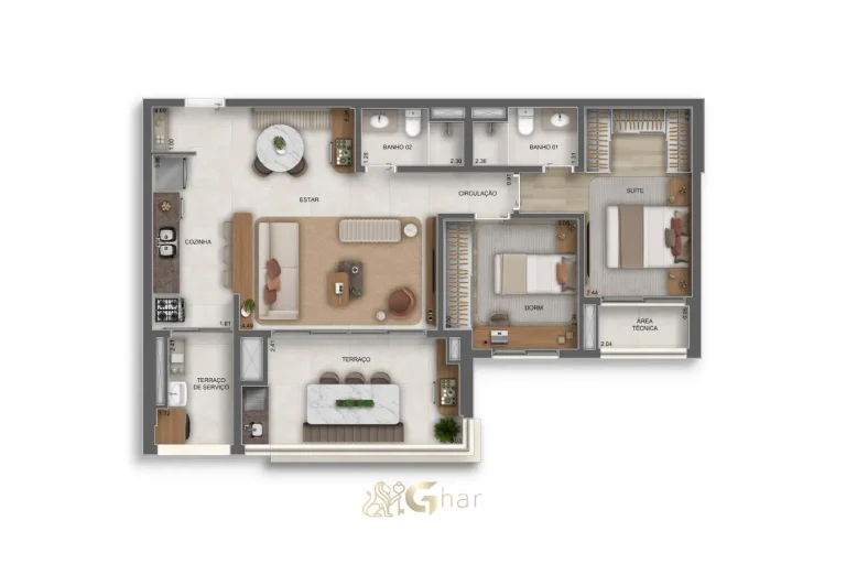 Planta do apartamento de 2 dormitórios com 1 suíte e 89 m² no Vértice Butantã Residences