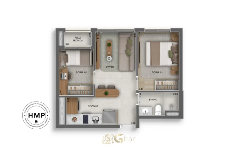 Planta do apartamento de 2 dormitórios com 40 m² no Vértice Butantã Residences