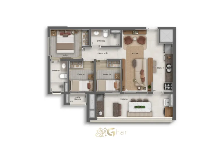 Planta do apartamento de 2 dormitórios com 1 suíte e 69 m² no Vértice Butantã Residences