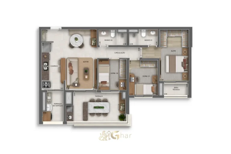 Planta do apartamento de 3 dormitórios com 1 suíte e 89 m² no Vértice Butantã Residences