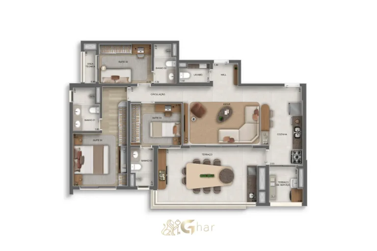 Planta do apartamento de 3 suítes com lavabo e 120 m² no Vértice Butantã Residences