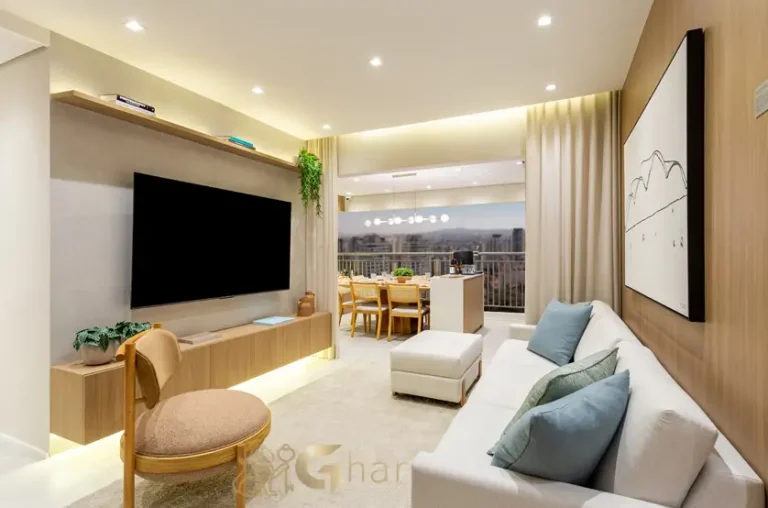 Sala de estar do apartamento decorado 118 m² no Vista Tatuapé Boulevard