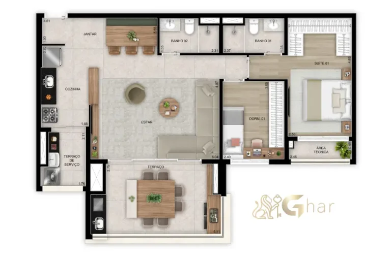 Planta do apartamento de 91 m² com 2 dormitórios e 1 suíte no Vista Tatuapé Boulevard