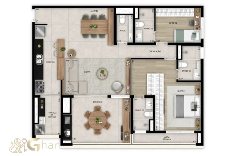 Planta do apartamento de 118 m² com 2 suítes e lavabo no Vista Tatuapé Boulevard