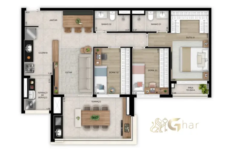 Planta do apartamento de 91 m² com 3 dormitórios e 1 suíte no Vista Tatuapé Boulevard