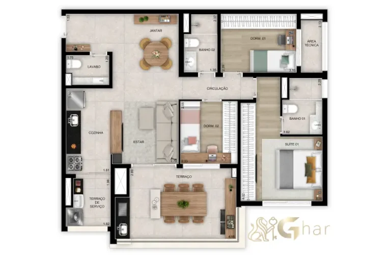 Planta do apartamento de 97 m² com 3 dormitórios e 1 suíte no Vista Tatuapé Boulevard