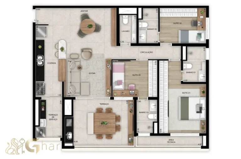Planta do apartamento de 118 m² com 3 suítes e lavabo no Vista Tatuapé Boulevard