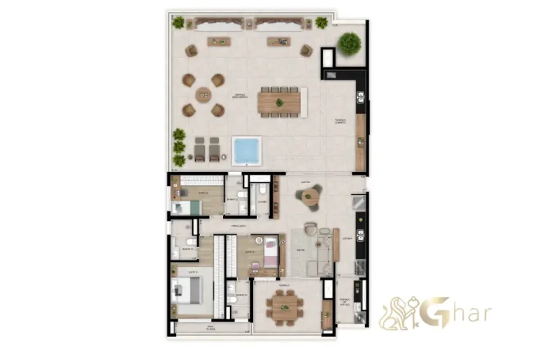Planta do apartamento penthouse com 3 suítes e 239 m² no Vista Tatuapé Boulevard