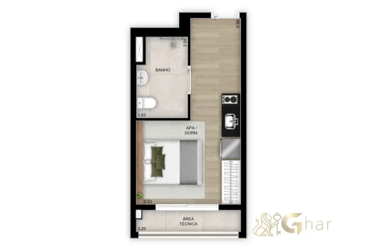 Planta do studio de 25 m² no Vista Tatuapé Boulevard no Tatuapé