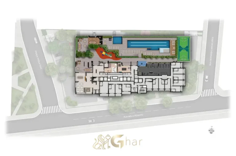 Planta de implantação do lazer no 5º pavimento do Vista Tatuapé Boulevard