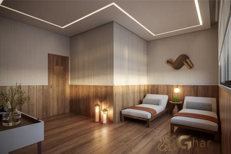 Área de descanso e sauna do Vitrine Tatuapé Condomínio Clube integrada ao lazer