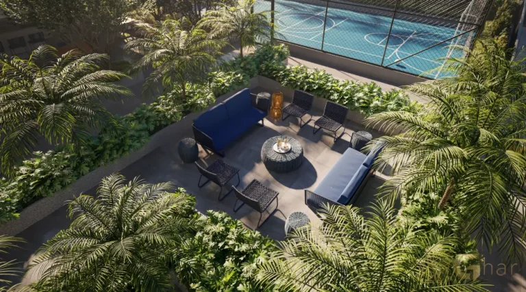 Praça de encontro do Vitrine Tatuapé Condomínio Clube com área de convivência ao ar livre