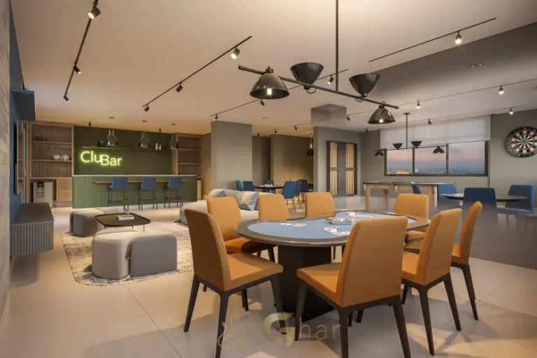 Salão de jogos adulto do Vitrine Tatuapé Condomínio Clube com espaço sofisticado e funcional