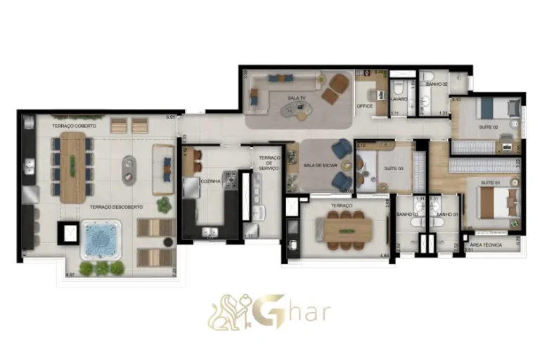 Planta da penthouse de 173 m² com 3 suítes no Vitrine Tatuapé Condomínio Clube