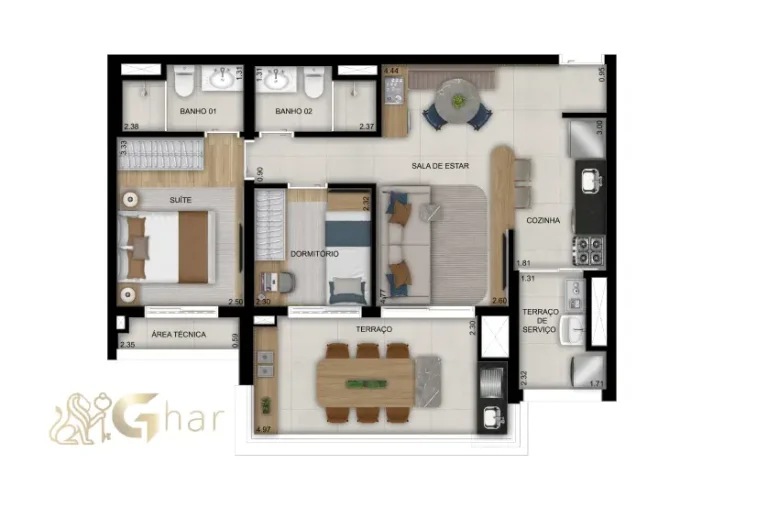 Planta do apartamento de 70 m² com 2 dormitórios e 1 suíte no Vitrine Tatuapé