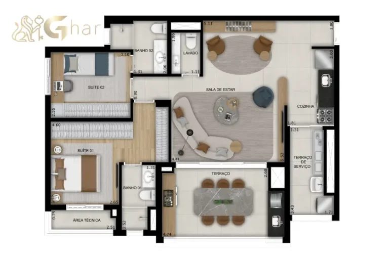 Planta do apartamento de 92 m² com 2 suítes no Vitrine Tatuapé Condomínio Clube