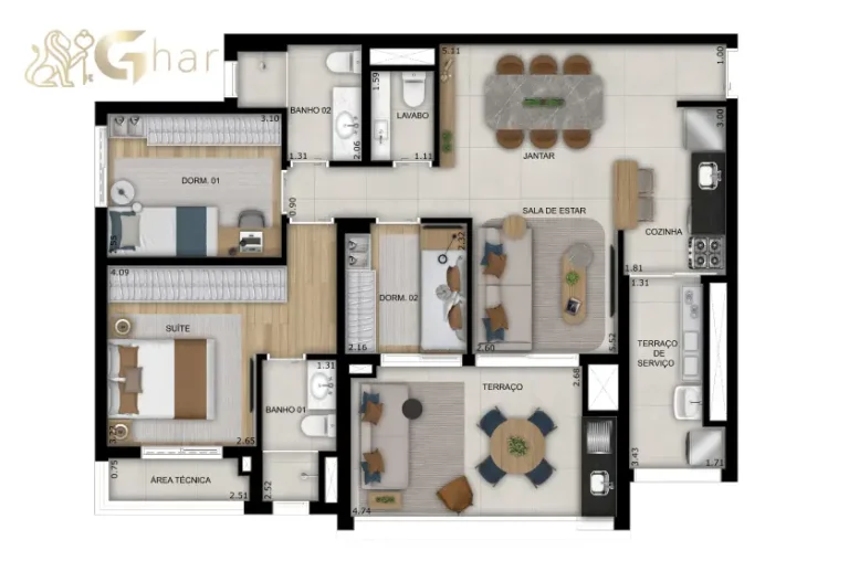 Planta do apartamento de 92 m² com 3 dormitórios, 2 suítes e lavabo no Vitrine Tatuapé