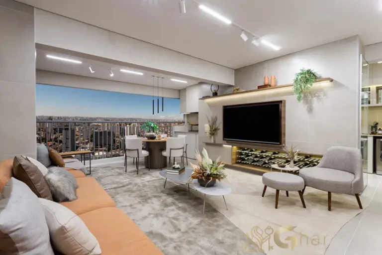 Sala de estar integrada do apartamento decorado de 95m² no Walk Alto do Ipiranga