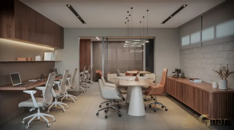 Ambiente interno de sala comercial decorada no Walk Alto do Ipiranga Offices em São Paulo