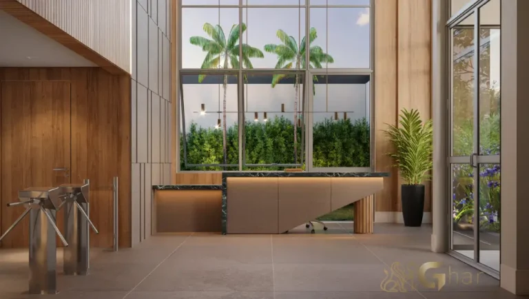 Hall social do Walk Alto do Ipiranga Offices com pé-direito duplo e design moderno no Alto do Ipiranga