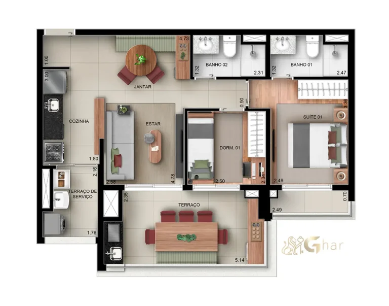 Planta do apartamento de 95m² com 2 dormitórios e 1 suíte no Walk Alto do Ipiranga