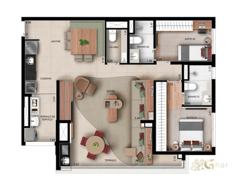 Planta do apartamento de 95m² com 2 suítes no Walk Alto do Ipiranga