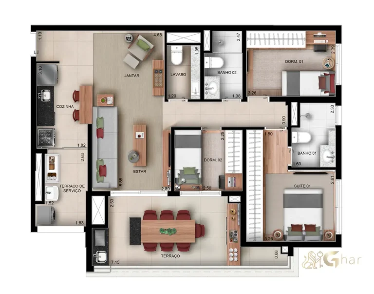 Planta do apartamento de 95m² com 3 dormitórios e 1 suíte no Walk Alto do Ipiranga