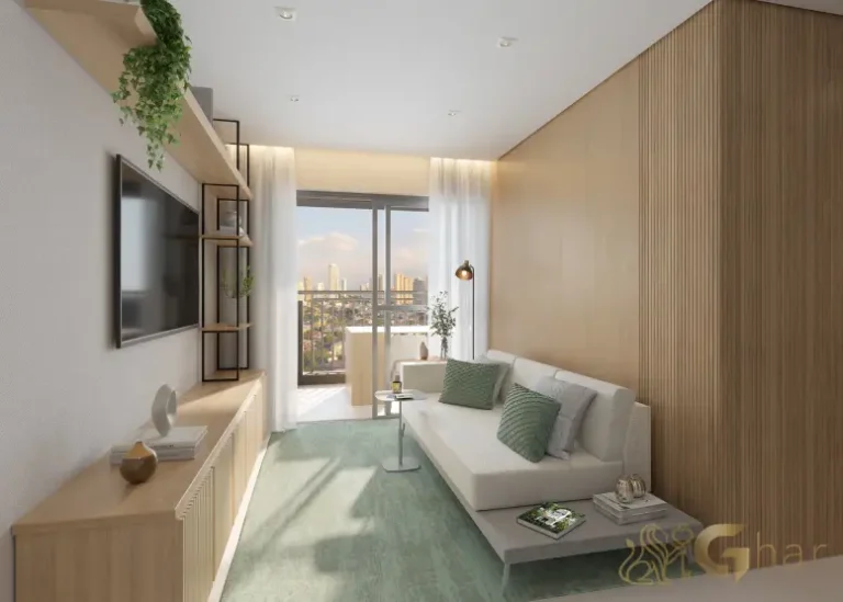 Living do apartamento decorado de 55 m² no Walk Belém by Diálogo em São Paulo