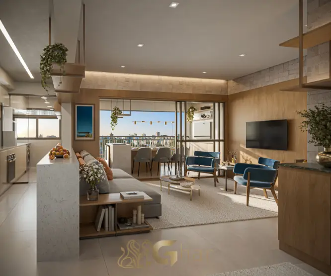 Living do apartamento decorado de 91 m² no Walk Belém by Diálogo em São Paulo