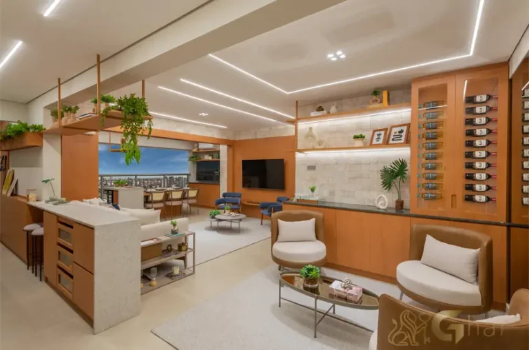 Sala de estar do apartamento decorado de 91 m² no Walk Belém by Diálogo