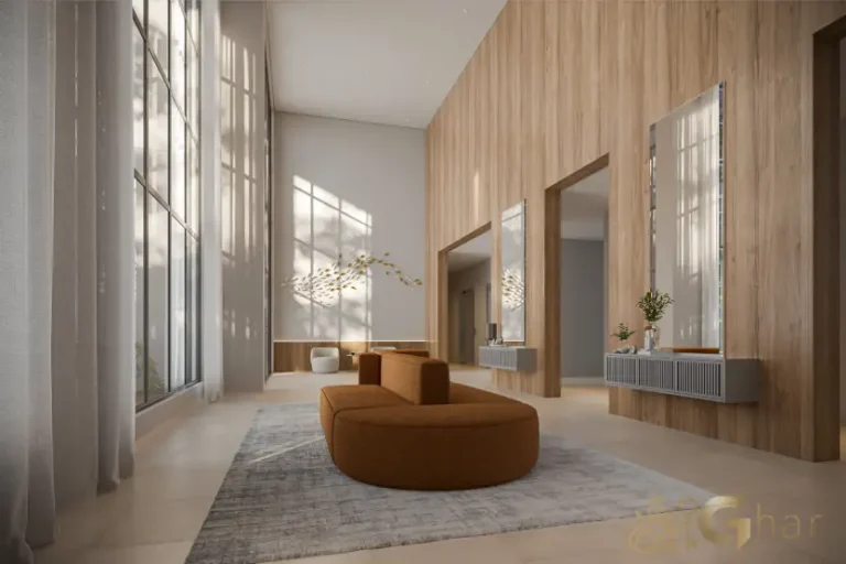 Lobby de entrada do Walk Belém by Diálogo com pé-direito duplo no Belém