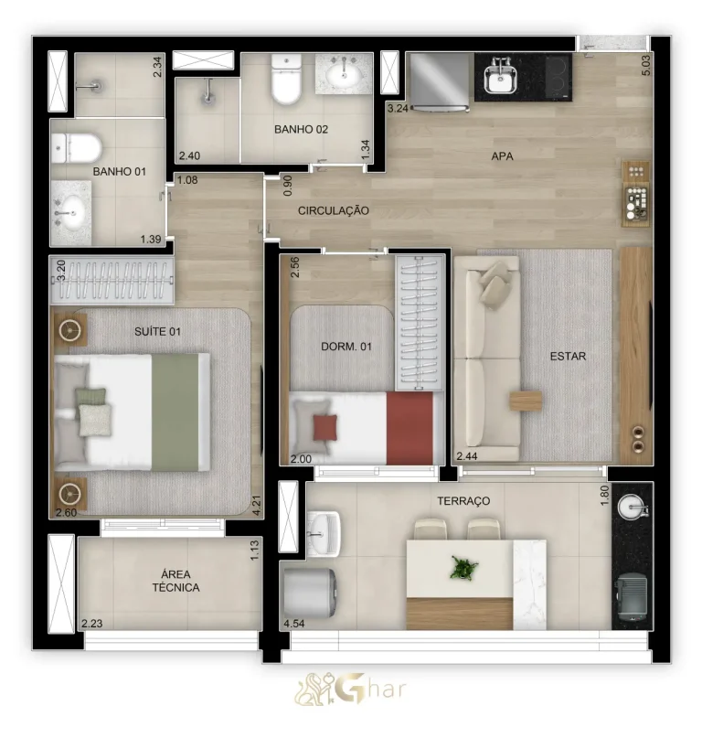 Planta do apartamento de 55 m² com 2 dormitórios e 1 suíte no Walk Belém by Diálogo