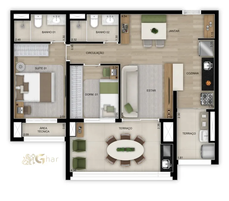 Planta do apartamento de 74 m² com 2 dormitórios e 1 suíte no Walk Belém by Diálogo