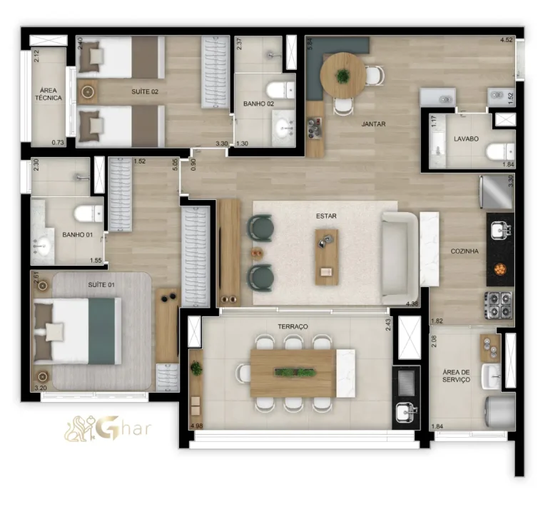 Planta do apartamento de 91 m² com 2 suítes no Walk Belém by Diálogo no Belém