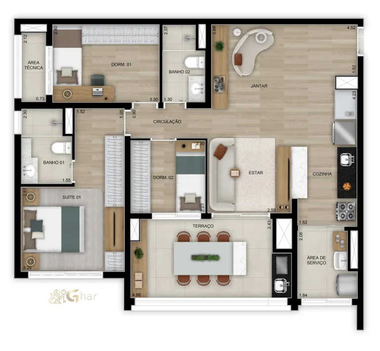 Planta do apartamento de 91 m² com 3 dormitórios e 1 suíte no Walk Belém by Diálogo