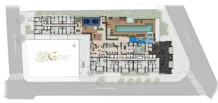 Planta de implantação do lazer no 4º pavimento do Walk Belém by Diálogo