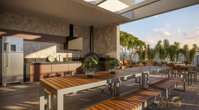 Churrasqueira do condomínio Walk Belém Smart by Diálogo com área de lazer no Belém