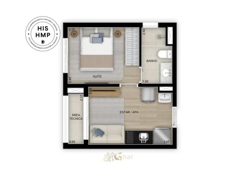 Planta de apartamento 1 suíte de 30 m² no Walk Belém Smart by Diálogo