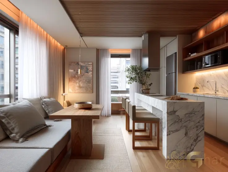 Sala de jantar e cozinha integradas do apartamento decorado do 360º Park View no City América São Paulo