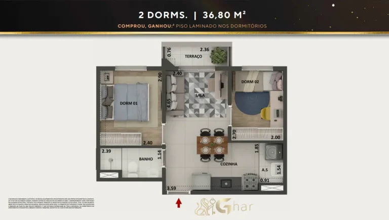 Planta de apartamento 2 dormitórios 36,80 m² do 360º Park View no City América
